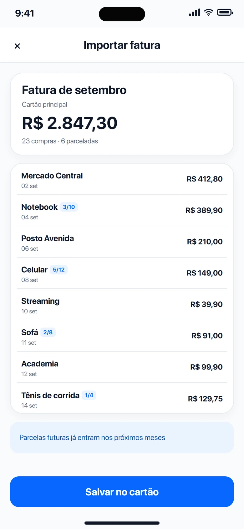 Revisão da fatura com as compras parceladas marcadas