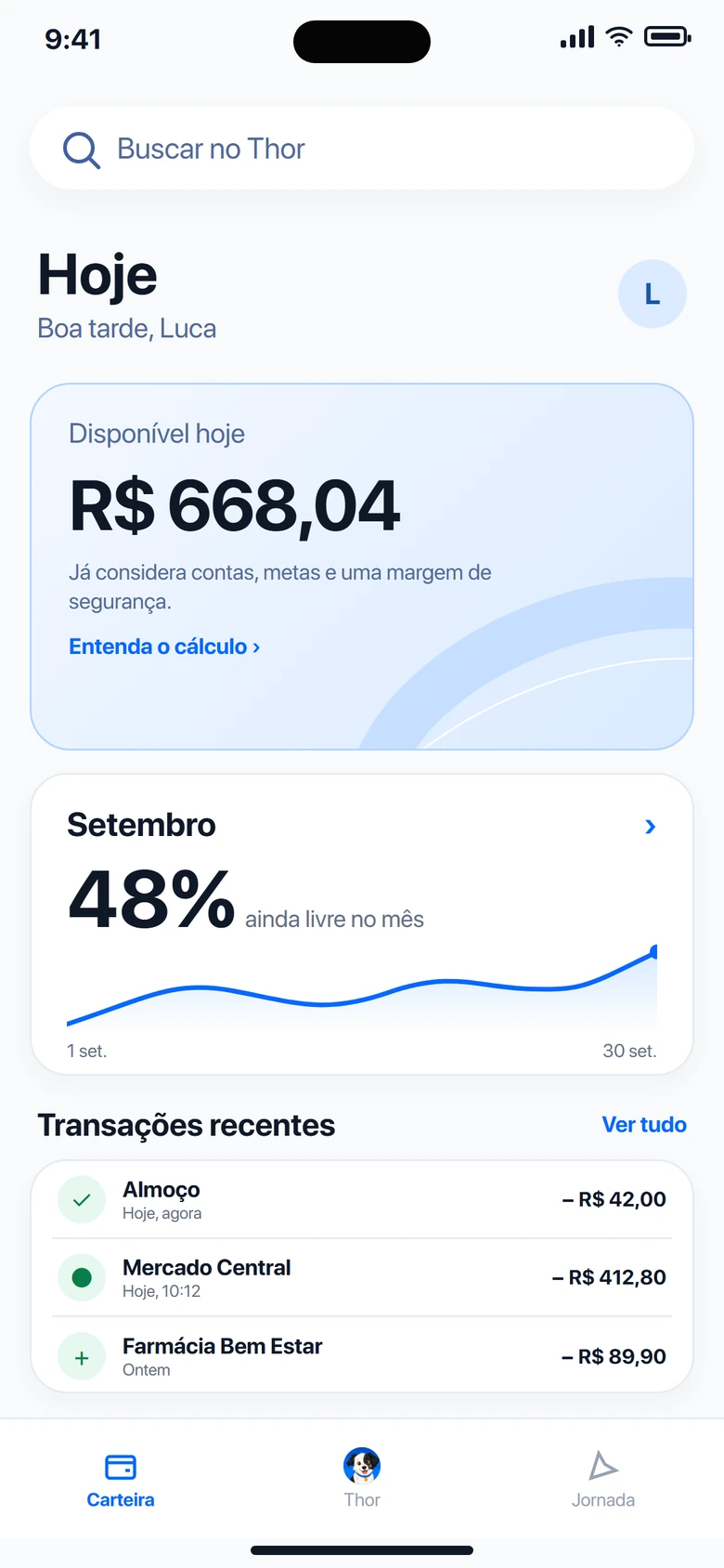 Tela Hoje com o almoço registrado e R$ 668,04 disponíveis