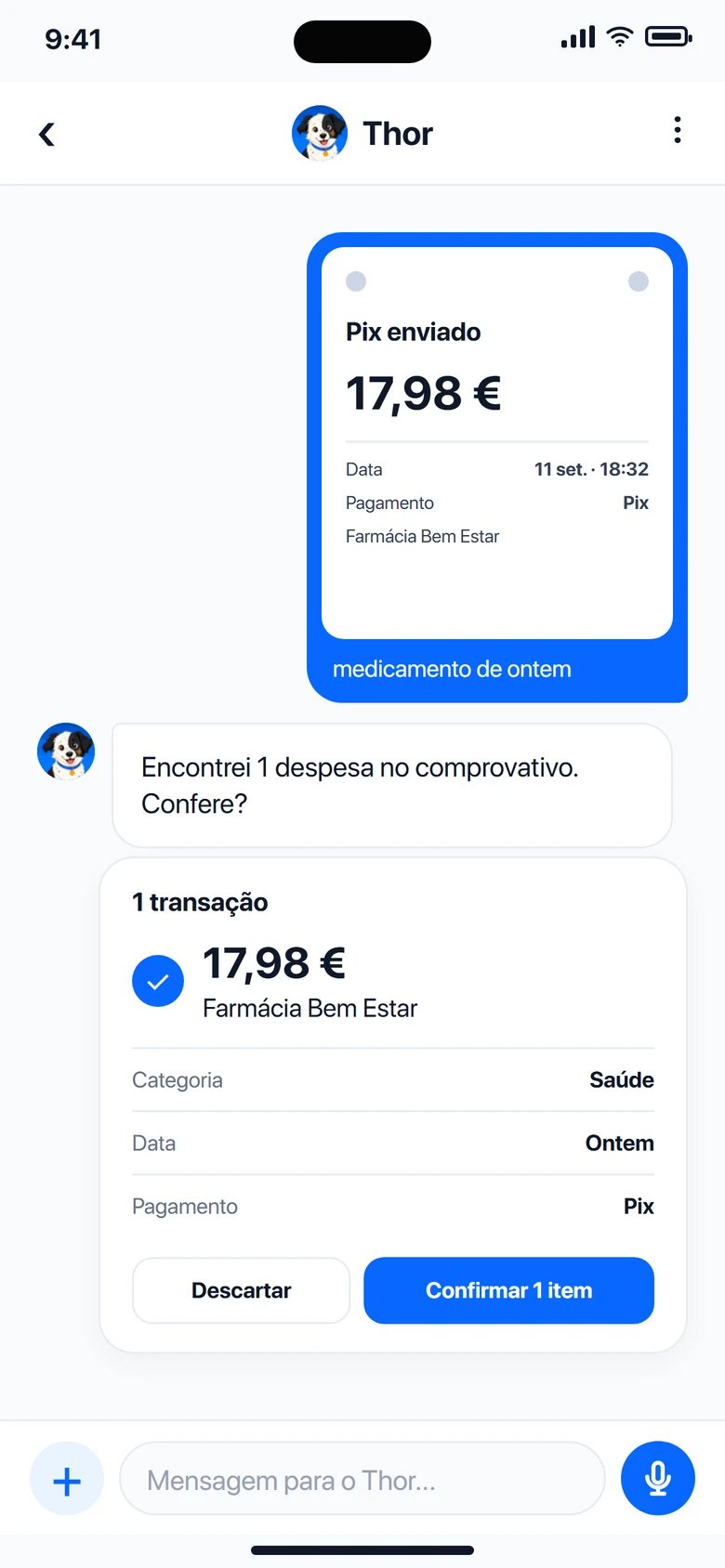 O Thor encontra uma despesa de 17,98 € no comprovativo
